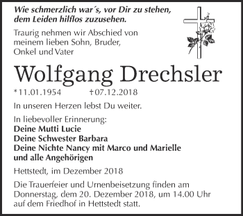 Traueranzeige von Wolfgang Drechsler von Wochenspiegel Mansfelder Land