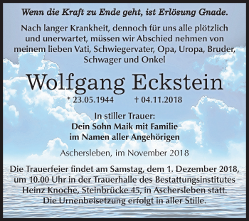 Traueranzeige von Wolfgang Eckstein von Mitteldeutsche Zeitung Aschersleben