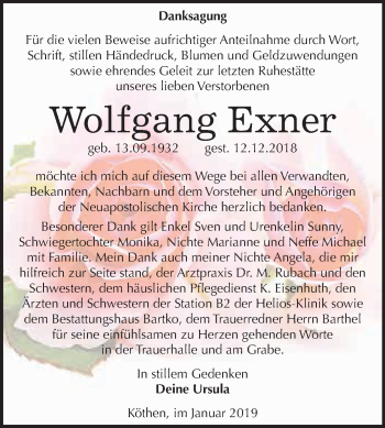 Traueranzeige von Wolfgang Exner von WVG - Wochenspiegel Dessau / Köthen
