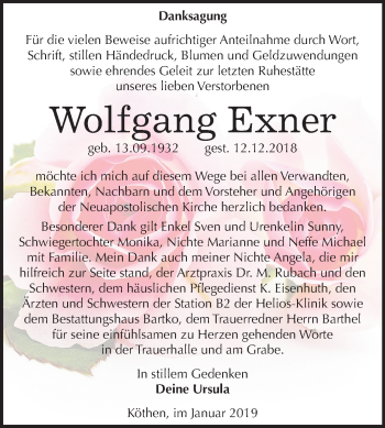 Traueranzeige von Wolfgang Exner von Mitteldeutsche Zeitung Köthen