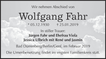 Traueranzeige von Wolfgang Fahr von Super Sonntag Merseburg