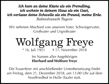 Traueranzeige von Wolfgang Freye von Mitteldeutsche Zeitung Halle/Saalkreis