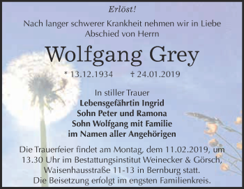 Traueranzeige von Wolfgang Grey von Super Sonntag Bernburg