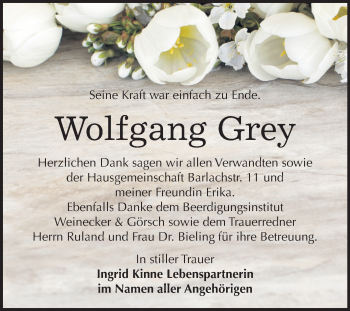 Traueranzeige von Wolfgang Grey von Mitteldeutsche Zeitung Bernburg