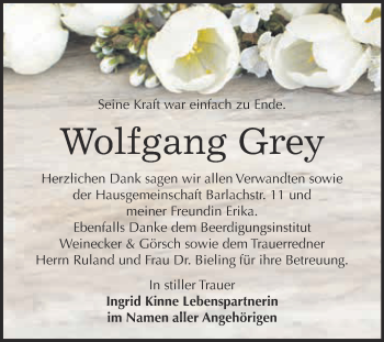 Traueranzeige von Wolfgang Grey von Super Sonntag Bernburg
