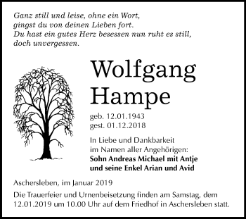 Traueranzeige von Wolfgang Hampe von Mitteldeutsche Zeitung Aschersleben