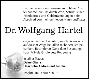 Traueranzeige von Wolfgang Hartel von Mitteldeutsche Zeitung Zeitz