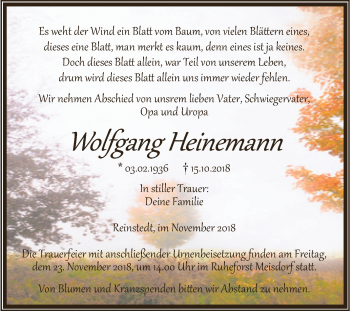 Traueranzeige von Wolfgang Heinemann von Super Sonntag Aschersleben