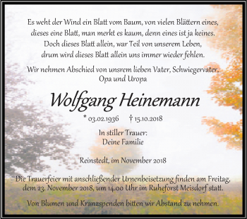 Traueranzeige von Wolfgang Heinemann von Mitteldeutsche Zeitung Aschersleben