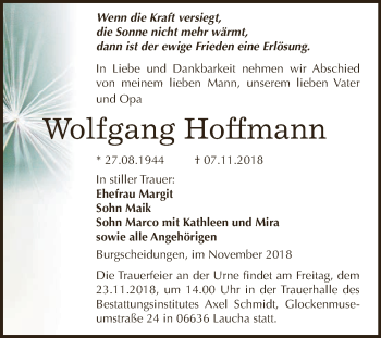 Traueranzeige von Wolfgang Hoffmann von WVG - Wochenspiegel NMB / WSF / ZTZ