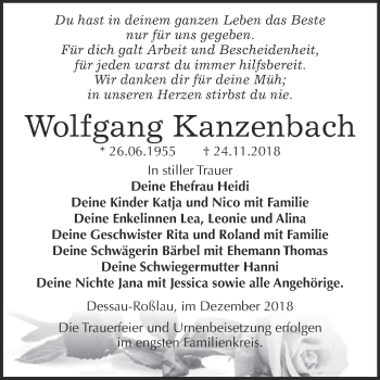 Traueranzeige von Wolfgang Kanzenbach von WVG - Wochenspiegel Dessau / Köthen