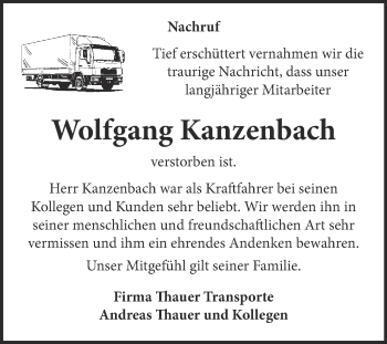 Traueranzeige von Wolfgang Kanzenbach von WVG - Wochenspiegel Dessau / Köthen