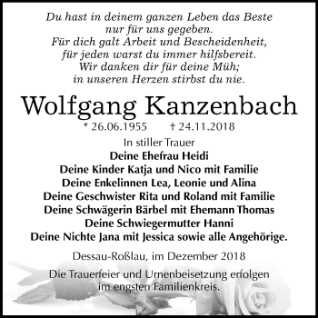 Traueranzeige von Wolfgang Kanzenbach von Mitteldeutsche Zeitung Dessau-Roßlau