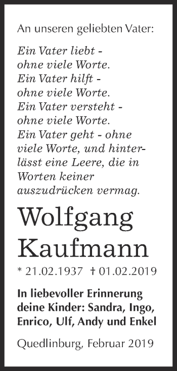 Traueranzeige von Wolfgang Kaufmann von Super Sonntag Quedlinburg