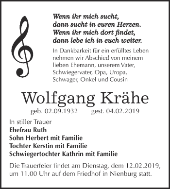 Traueranzeige von Wolfgang Krähe von Super Sonntag Bernburg