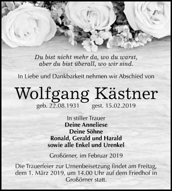 Traueranzeige von Wolfgang Kästner von Wochenspiegel Mansfelder Land