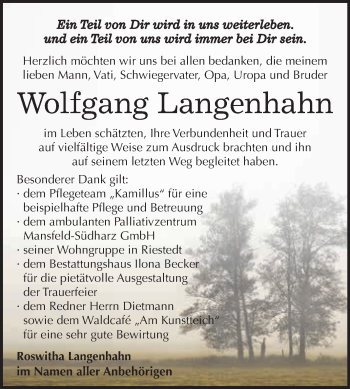 Traueranzeige von Wolfgang Langenhahn von Super Sonntag SGH Mansf. Land