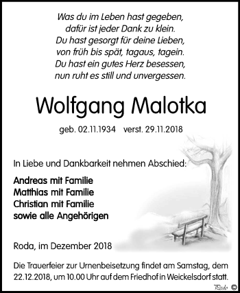 Traueranzeige von Wolfgang Malotka von Mitteldeutsche Zeitung Zeitz