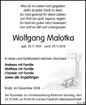 Traueranzeige von Wolfgang Malotka von Mitteldeutsche Zeitung Weißenfels