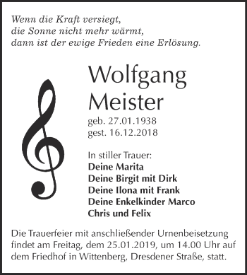 Traueranzeige von Wolfgang Meister von WVG - Wochenspiegel Wittenberg