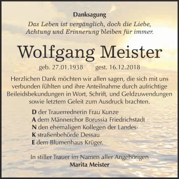 Traueranzeige von Wolfgang Meister von Super Sonntag Wittenberg