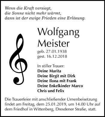 Traueranzeige von Wolfgang Meister von Mitteldeutsche Zeitung Wittenberg