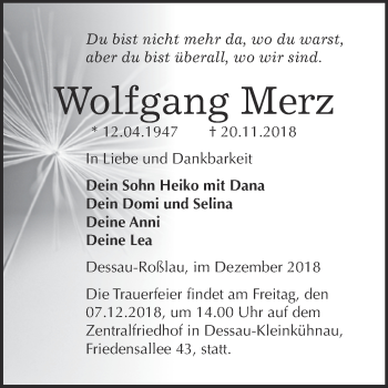 Traueranzeige von Wolfgang Merz von WVG - Wochenspiegel Dessau / Köthen