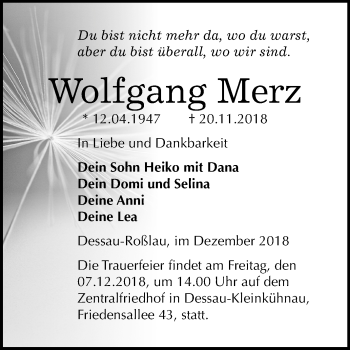 Traueranzeige von Wolfgang Merz von Mitteldeutsche Zeitung Dessau-Roßlau