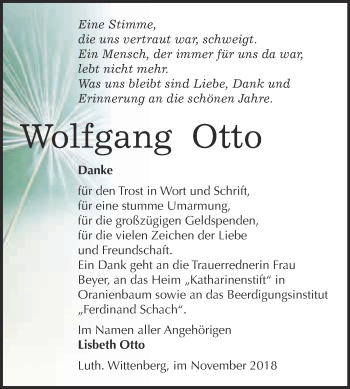 Traueranzeige von Wolfgang Otto von WVG - Wochenspiegel Wittenberg
