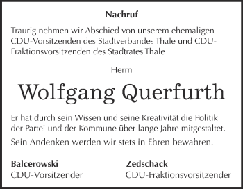 Traueranzeige von Wolfgang Querfurth von Super Sonntag Quedlinburg
