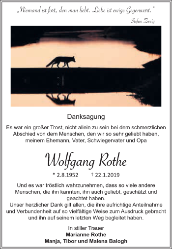 Traueranzeige von Wolfgang Rothe von WVG - Wochenspiegel NMB / WSF / ZTZ