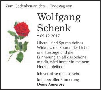 Traueranzeige von Wolfgang Schenk von WVG - Wochenspiegel Wittenberg