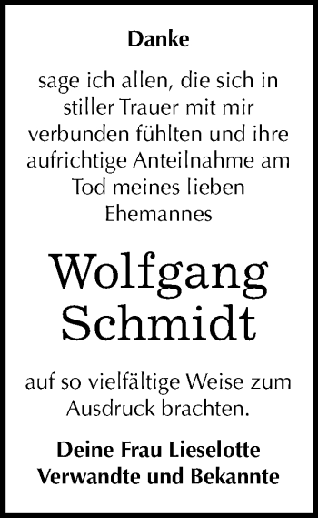 Traueranzeige von Wolfgang Schmidt von Mitteldeutsche Zeitung Halle/Saalkreis