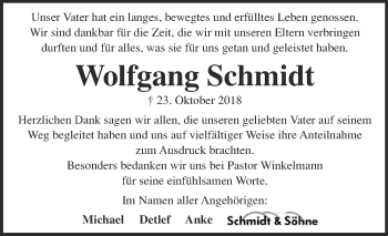 Traueranzeige von Wolfgang Schmidt von WVG - Wochenspiegel Aschersleben