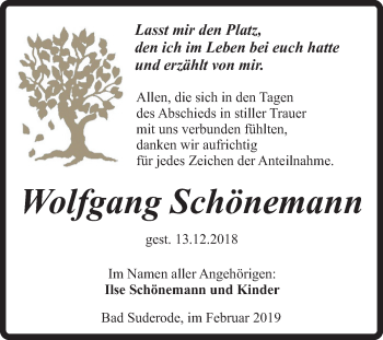 Traueranzeige von Wolfgang Schönemann von Mitteldeutsche Zeitung Quedlinburg