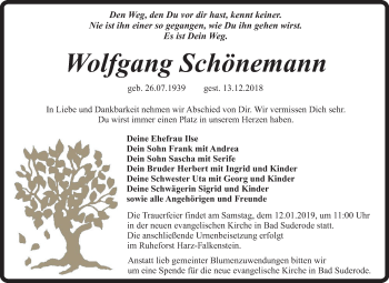 Traueranzeige von Wolfgang Schönemann von Mitteldeutsche Zeitung Quedlinburg