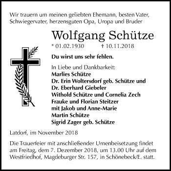 Traueranzeige von Wolfgang Schütze von Mitteldeutsche Zeitung Bernburg