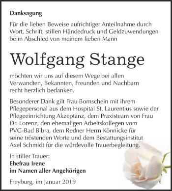 Traueranzeige von Wolfgang Stange von WVG - Wochenspiegel NMB / WSF / ZTZ