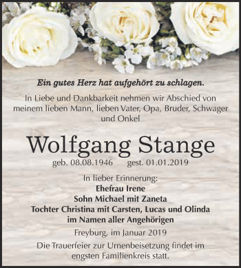 Traueranzeige von Wolfgang Stange von WVG - Wochenspiegel NMB / WSF / ZTZ