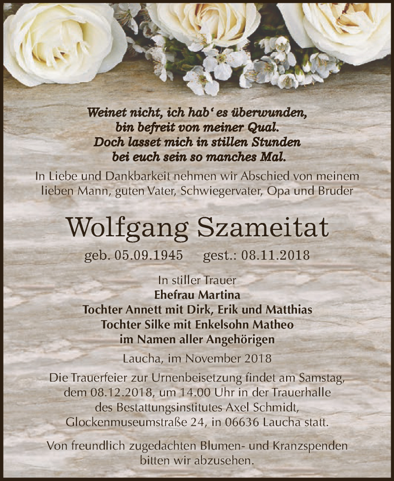  Traueranzeige für Wolfgang Szameitat vom 21.11.2018 aus WVG - Wochenspiegel NMB / WSF / ZTZ