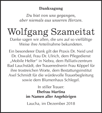 Traueranzeige von Wolfgang Szameitat von WVG - Wochenspiegel NMB / WSF / ZTZ