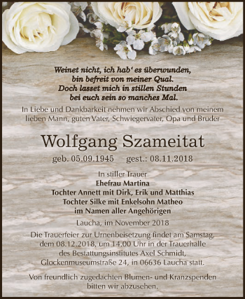 Traueranzeige von Wolfgang Szameitat von WVG - Wochenspiegel NMB / WSF / ZTZ