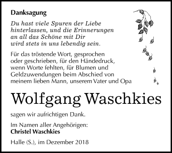 Traueranzeige von Wolfgang Waschkies von Mitteldeutsche Zeitung Halle/Saalkreis