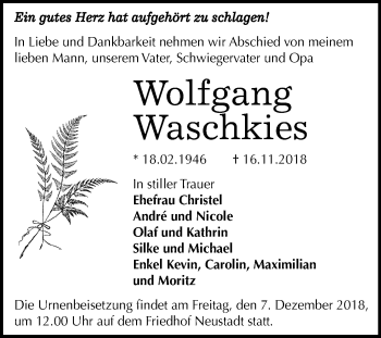 Traueranzeige von Wolfgang Waschkies von Mitteldeutsche Zeitung Halle/Saalkreis