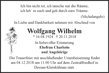 Traueranzeige von Wolfgang Wilhelm von WVG - Wochenspiegel Dessau / Köthen