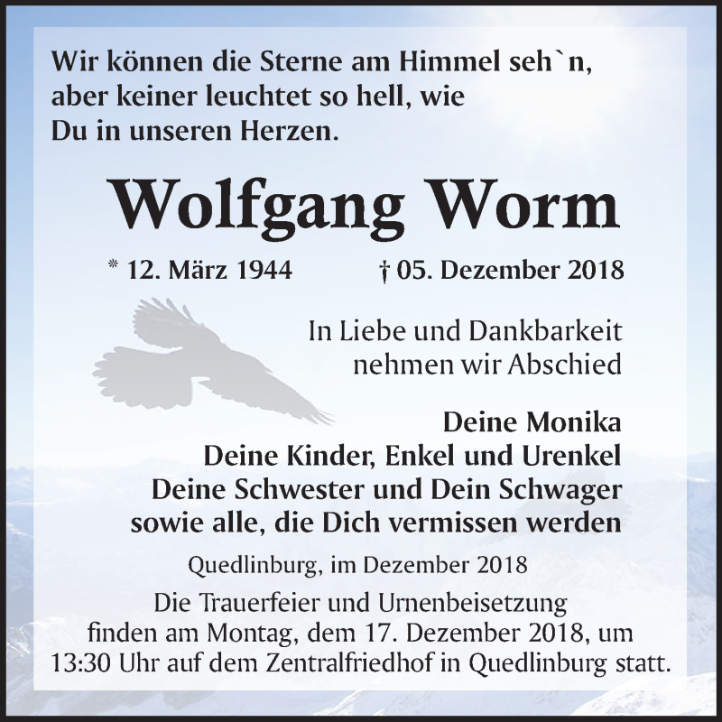  Traueranzeige für Wolfgang Worm vom 08.12.2018 aus Mitteldeutsche Zeitung Quedlinburg