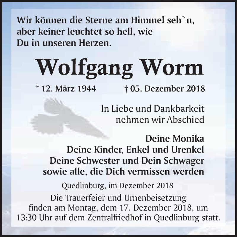  Traueranzeige für Wolfgang Worm vom 08.12.2018 aus WVG - Wochenspiegel Quedlinburg