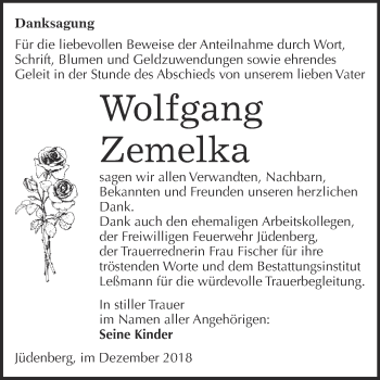 Traueranzeige von Wolfgang Zemelka von WVG - Wochenspiegel Wittenberg