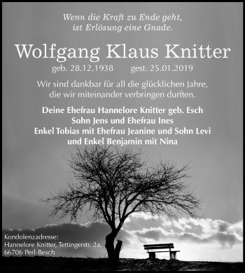 Traueranzeige von Wolfgang Klaus Knitter von Mitteldeutsche Zeitung Halle/Saalkreis