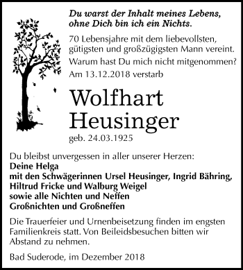Traueranzeige von Wolfhart Heusinger von Mitteldeutsche Zeitung Quedlinburg